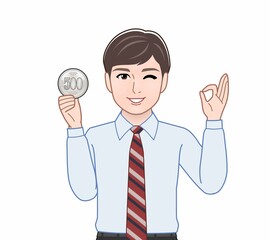 500円玉をもつ男性