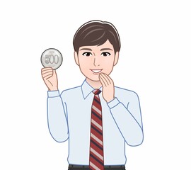 500円玉をもつ男性