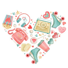 Watercolor elements collected in the shape of a heart.