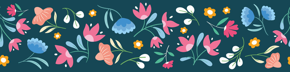 Flower pattern background border. Decorative folk floral vector seamless repeat banner design. 
