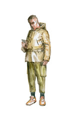 Figures of young people in casual clothes. They go to the viewer. Full-length. Watercolor illustration