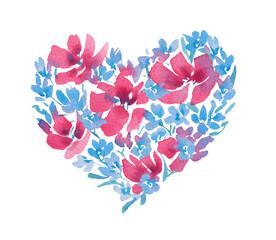 Watercolor heart of wildflowers. Florals arrangement. Hand drawn illustration with romantic flowers