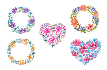 Watercolor wreath of wildflowers. Florals arrangement. Hand drawn illustration with romantic flowers