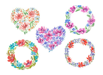 Watercolor wreath of wildflowers. Florals arrangement. Hand drawn illustration with romantic flowers