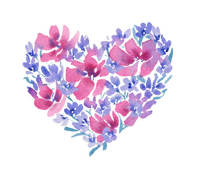 Watercolor heart of wildflowers. Florals arrangement. Hand drawn illustration with romantic flowers
