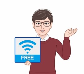 Wifiのパネルを持っている男性