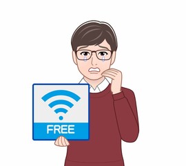 Wifiのパネルを持っている男性