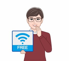 Wifiのパネルを持っている男性