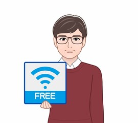 Wifiのパネルを持っている男性