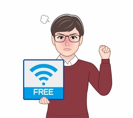 Wifiのパネルを持っている男性