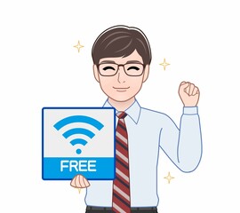 Wifiのパネルを持っている男性
