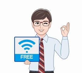 Wifiのパネルを持っている男性