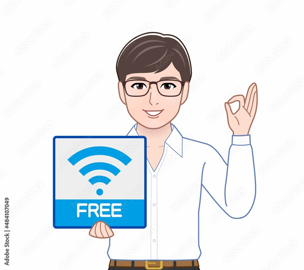 Sticker Wifiのパネルを持っている男性