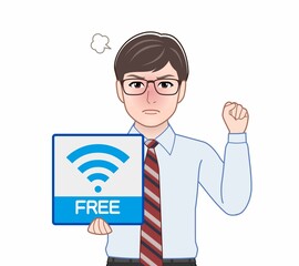 Wifiのパネルを持っている男性