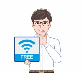 Wifiのパネルを持っている男性