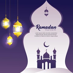 Ramadan Kareem Arabic Calligraphy greeting card vector illustration with lantern .Translation: "Generous Ramadan".