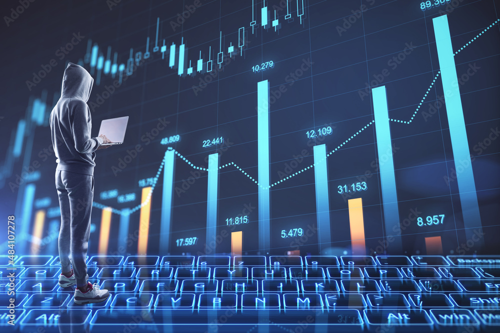 Aufkleber Back view of hacker using notebook with abstract image of glowing digital keyboard with map and forex chart on dark background. Innovation, hacking, technology, ai, trade, and market concept. 