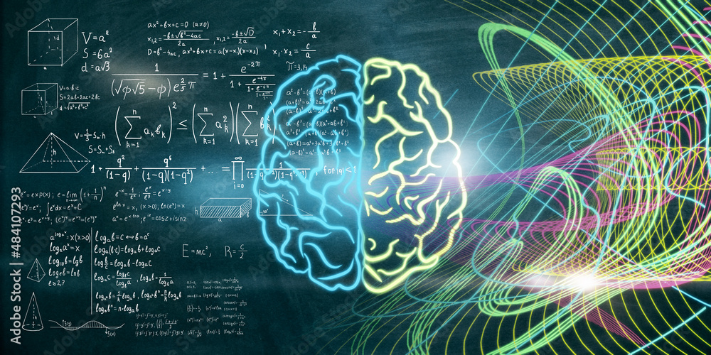 Aufkleber Abstract colorful brain background with mathematical formulas. Mind concept. 3D Rendering.