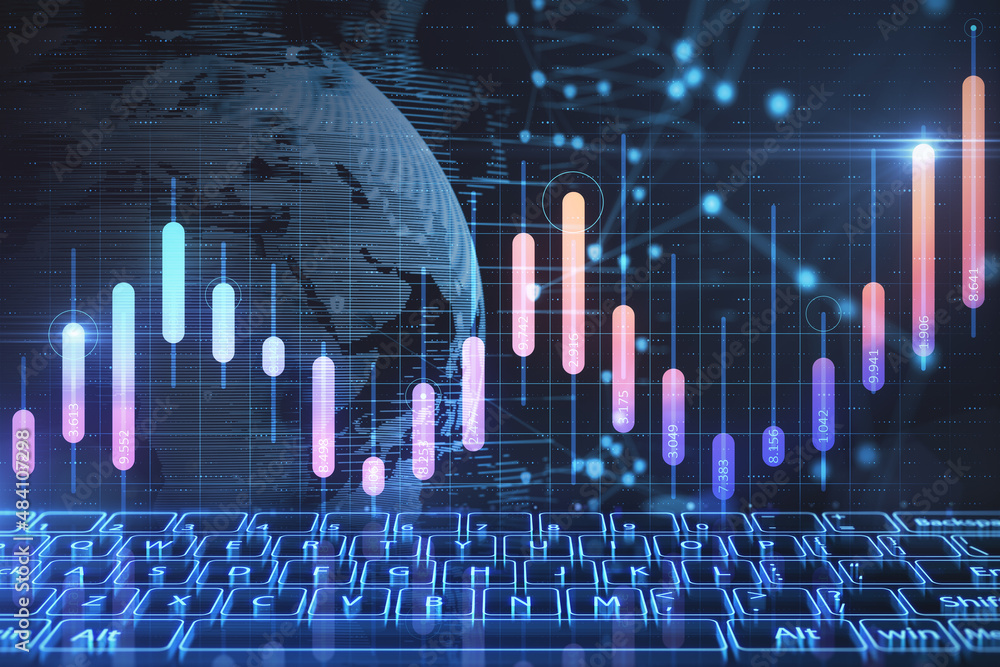 Poster abstract image of glowing digital keyboard with globe and big data chart on dark background. innovat
