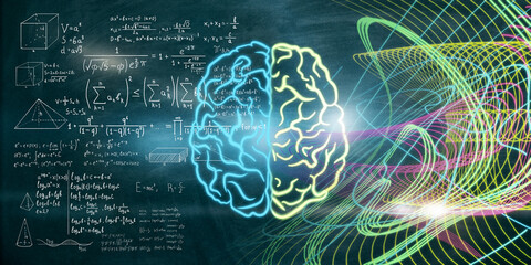 Abstract colorful brain background with mathematical formulas. Mind concept. 3D Rendering.