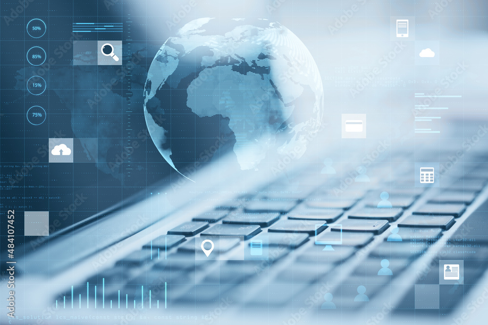 Poster close up of laptop computer on desktop with abstract digital social globe grid hologram on blurry ba