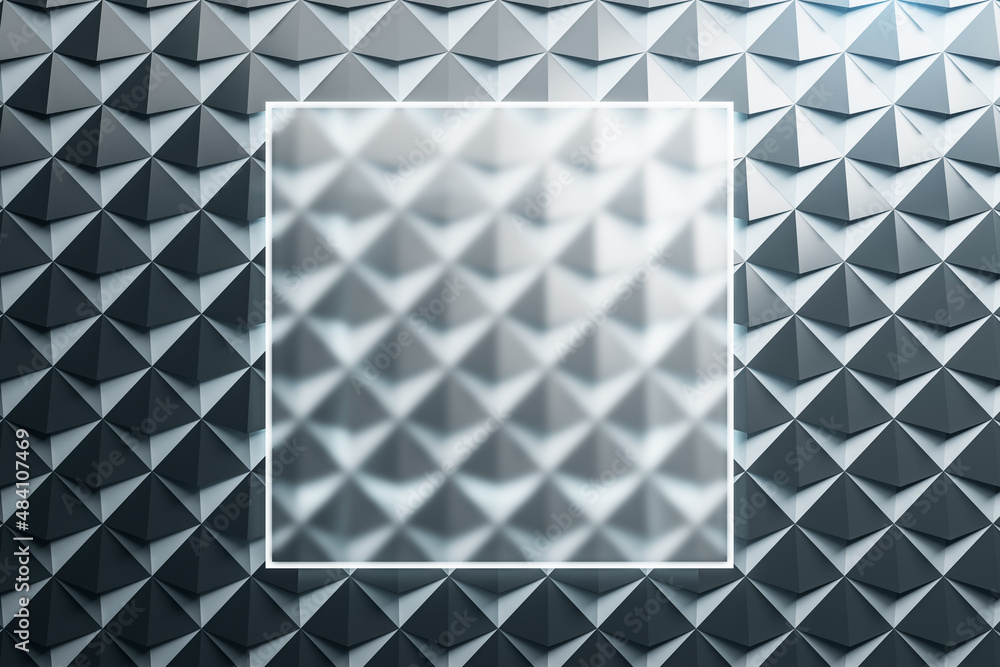 Poster Empty transparent glass poster on abstract gray triangular background. Technology and geometry concept. Mock up, 3D Rendering.