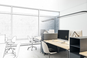 Hand drawn sketch of modern coworking office interior with empty computer monitors on wooden desks, equipment, furniture and panoramic windows with daylight. Design and repairs concept. 3D Rendering.