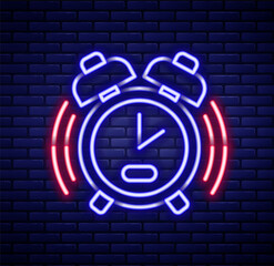 Glowing neon line Alarm clock icon isolated on brick wall background. Wake up, get up concept. Time sign. Colorful outline concept. Vector