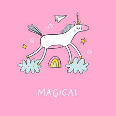 Magic cute unicorn, walking on the clouds.