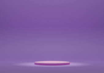 Product Display Stand or Podium in Minimal Composition with Spotlight Lighting from The Top. 3D Rendering Pastel Purple Background with Pink Cylinder Platform.