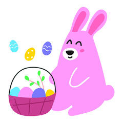 Rabbit sit with Easter basket. Vector hand drawn illustration.