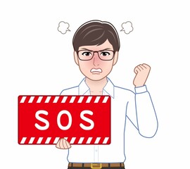 SOSのパネルを持っている男性