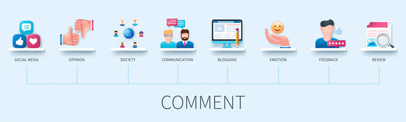 Comment concept with icons. Social media, opinion, society, communication, blogging, emotion, feedback, review. Business concept. Web vector infographic in 3D style
