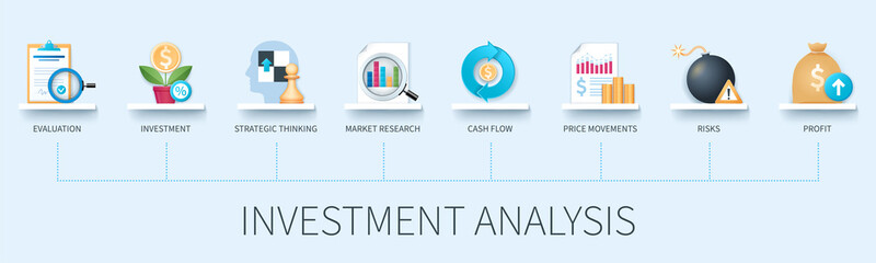 Investment analysis concept with icons. Evaluation, investment, strategic thinking, market research, cash flow, price movement, risks, profit. Business concept. Web vector infographic in 3D style