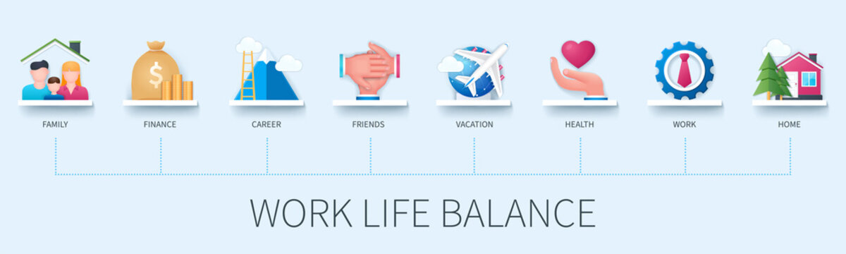 Work Life Balance Concept With Icons. Family, Finance, Career, Friends, Vacation, Health, Work, Home. Business Concept. Web Vector Infographic In 3D Style