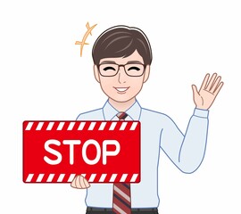 ストップのパネルを持っている男性