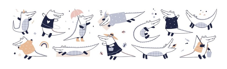 Cute baby crocodiles set. Funny animals in Scandinavian style. Happy adorable kids characters. Scandi alligators. Childish gators. Colored flat vector illustrations isolated on white background