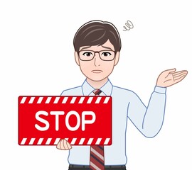 ストップのパネルを持っている男性