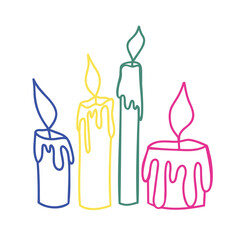 A set of different candle silhouettes. Vector color illustration in doodle style. Cartoon clipart.