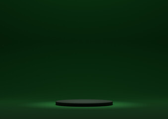 Product Display Stand or Podium in Minimal Composition with Spotlight Lighting from The Top. 3D Rendering Dark Green Background with Cylinder Platform.