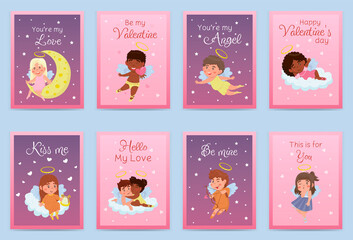 Collection of valentine's day greeting cards with children angels. Relationship, love, Valentine's day, romantic concept. Vector illustration for banner, poster, postcard, postcard.