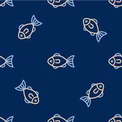 Line Fish icon isolated seamless pattern on blue background. Vector