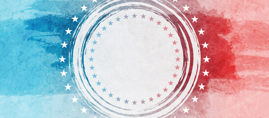 USA colors, stars and round stripes abstract grunge banner design. Independence Day modern background. Concept american flag. Vector illustration
