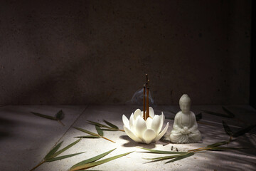 Burning aromatic incense sticks. Incense for praying Buddha. Zen background