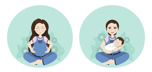 Pregnant woman meditating in the lotus position and young woman with a baby boy in her arms in a lotus position on the abstract background with flowers and leaves 