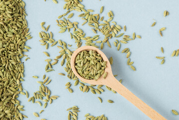 Green dry fennel seeds in a wooden spoon on a blue background