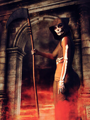 Fantasy lady death with a skeletal make-up holding a scythe and standing at a gate. 3D render - the woman is a 3D object.