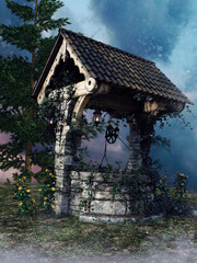 Fototapeta na wymiar Old wishing well with green vines and yellow flowers at night. 3D render.