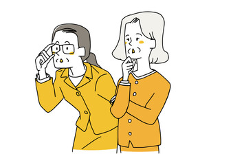 横に注目している中高年の女性　コミカルな手書きの人物イラスト　ベクター線画にシンプルな色つけ　