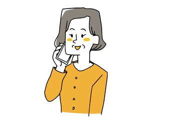 スマホで電話をする高齢女性　コミカルな手書きの人物イラスト　ベクター線画にシンプルな色つけ　白バック